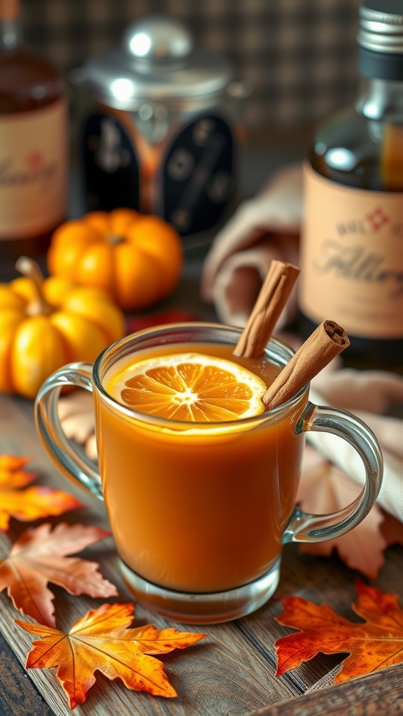 A warm mug of spiced rum apple cider with cinnamon and orange, surrounded by autumn decorations.